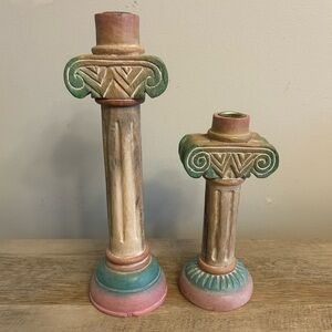VTG Southwestern Pink Green Hand Painted Aztec Pillar Candlestick Holder Pair